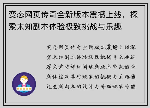 变态网页传奇全新版本震撼上线，探索未知副本体验极致挑战与乐趣