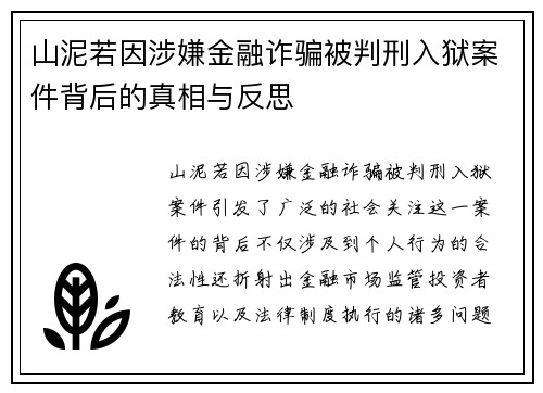 山泥若因涉嫌金融诈骗被判刑入狱案件背后的真相与反思